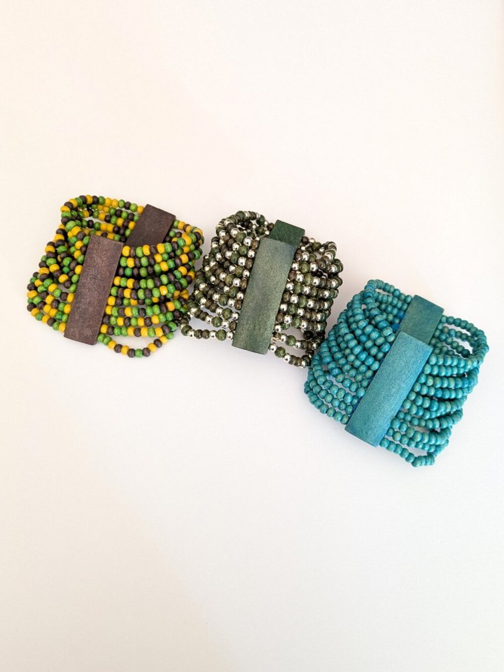 Bundle of 3 wooden wide cuff stretch bracelets